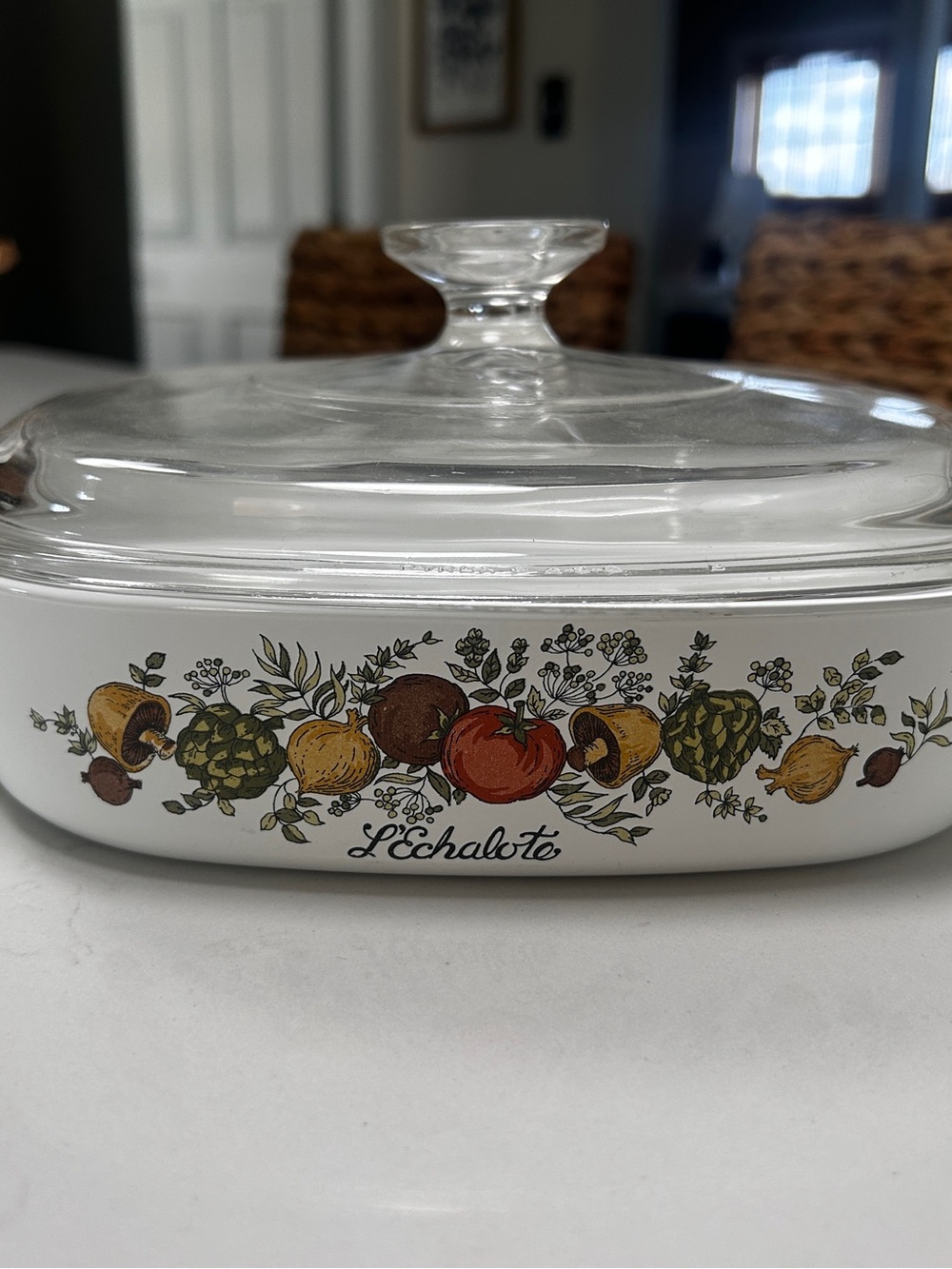 Corningware White Glass Casserole Dish with Vegetable Motif